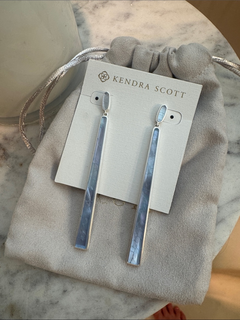 KENDRA SCOTT LIGHT BLUE MOTHER OF PEARL LINEAR DROP STATEMENT EARRINGS
